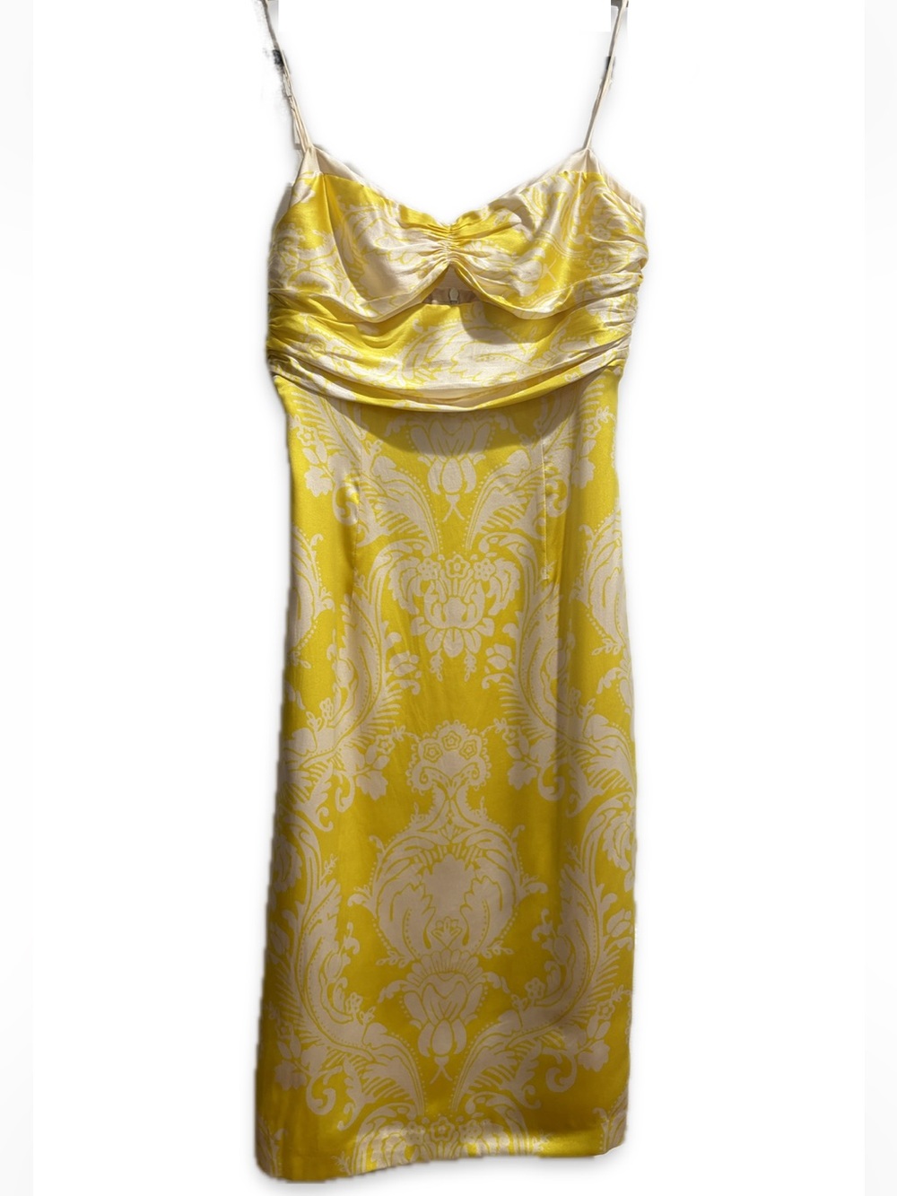 Marciano Silk Yellow and Cream Cutout Bodice Midi Slip Dress
